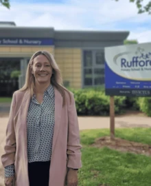 Erica Tilley outside Rufford Primary School