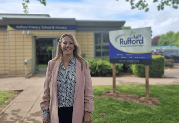 Erica Tilley outside Rufford Primary School